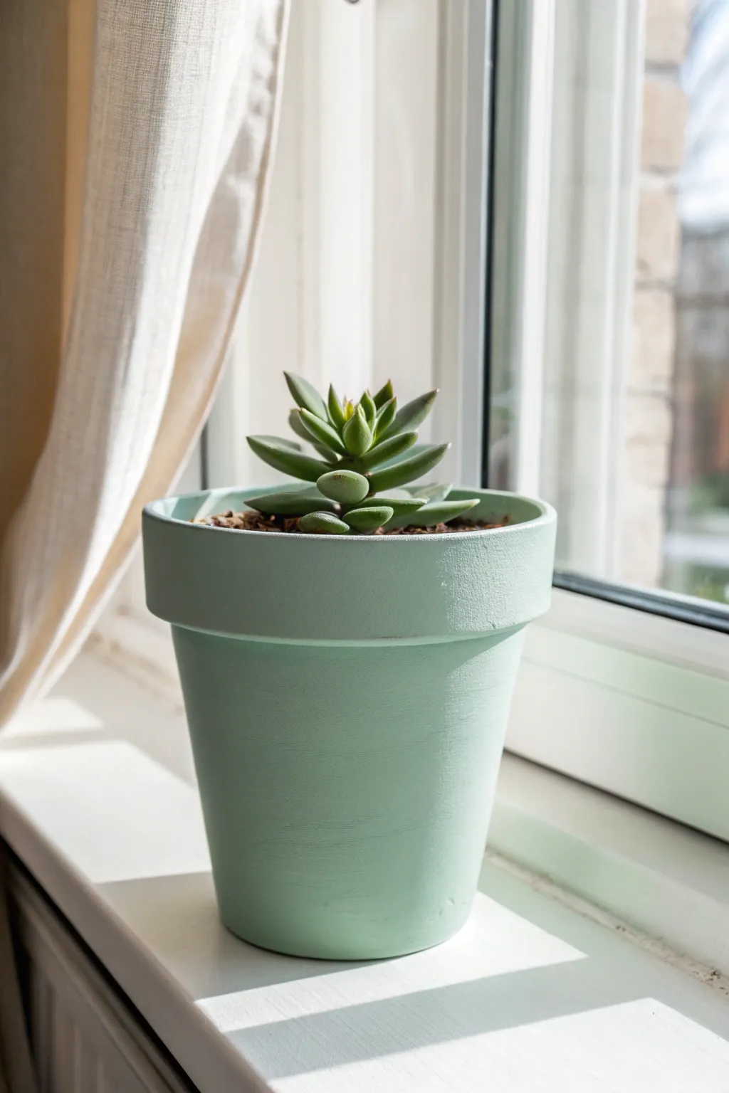 Classic matte sage terra cotta pot brings minimalist charm to any sunny windowsill.
