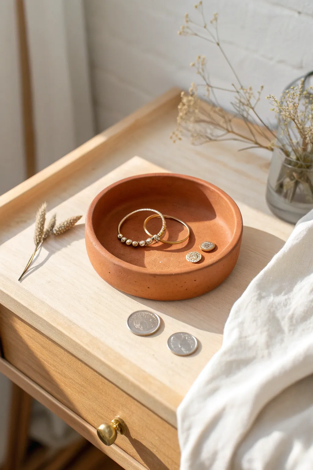Minimal terracotta trinket dish for rings, clips, and coins with warm Scandinavian calm