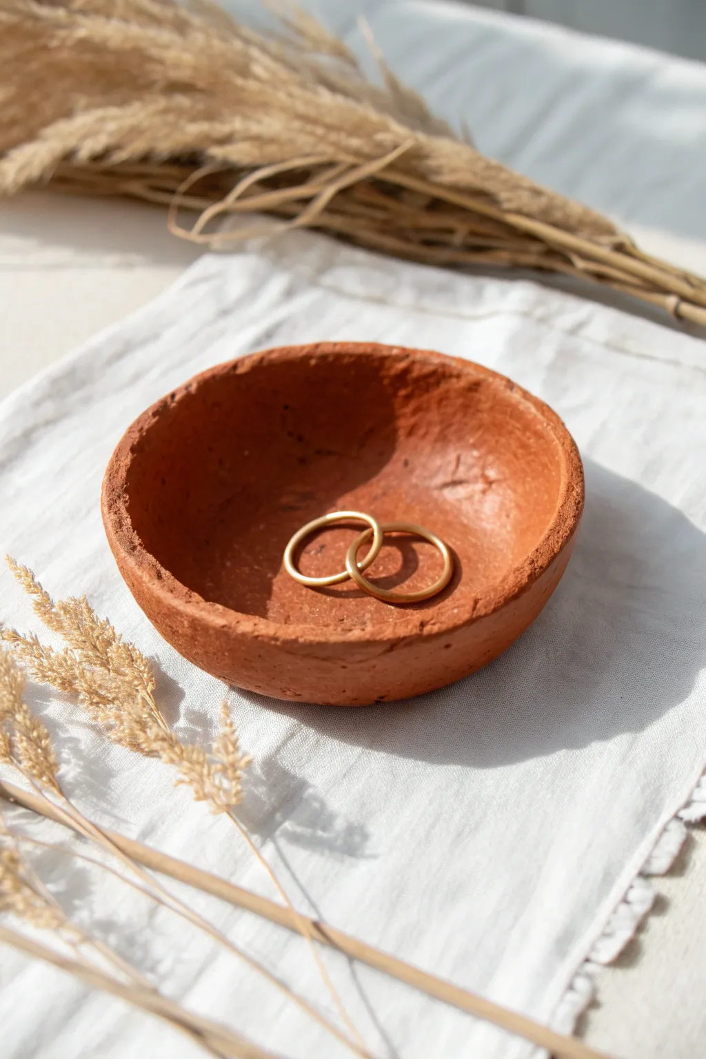 Minimal terracotta pinch pot trinket dish for rings and tiny finds, styled in soft Scandinavian light.