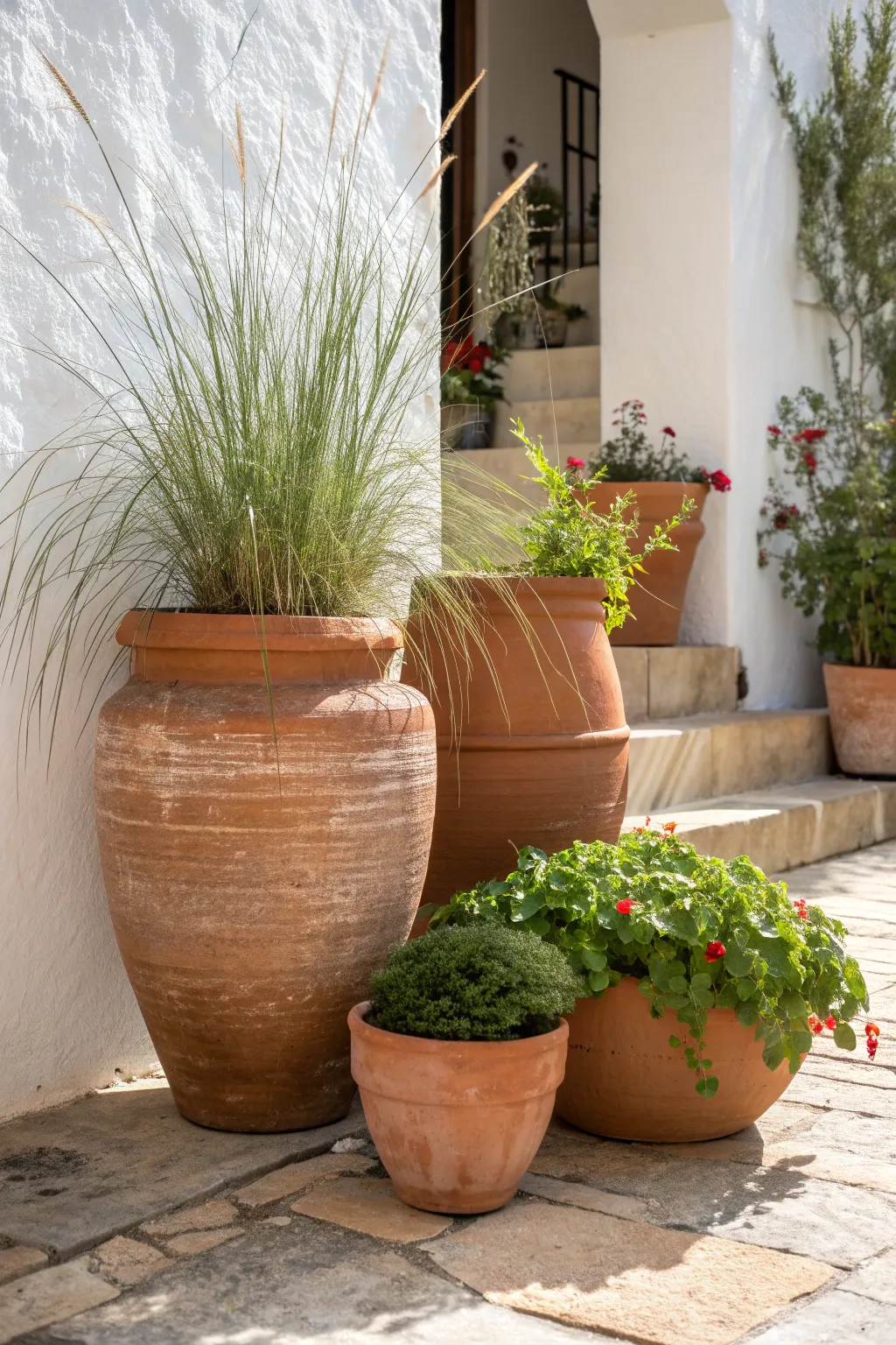 Terracotta trio styling: tall, mound, and trailing plants for an easy balanced garden vignette.