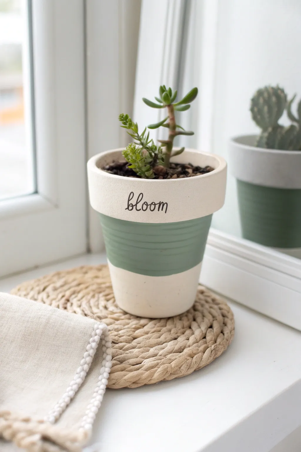 Minimal color block terracotta pot with a simple word for an easy modern windowsill accent.