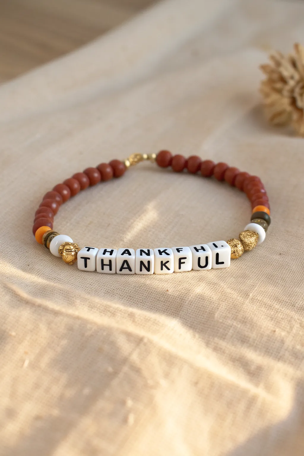 Classic Thankful bracelet in autumn clay heishi tones with subtle gold spacers, simple and cozy.