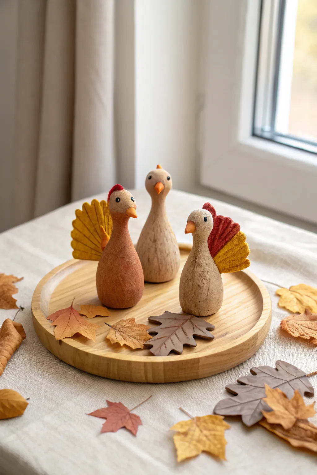 Classic clay turkey trio in warm fall tones, styled simply on a rustic wooden tray.