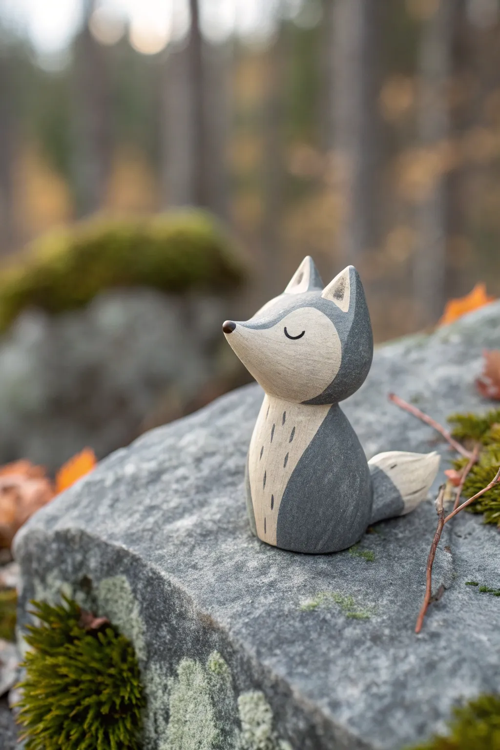 Minimal therian totem mini figurine on mossy stone, calm Nordic tones and boho warmth.