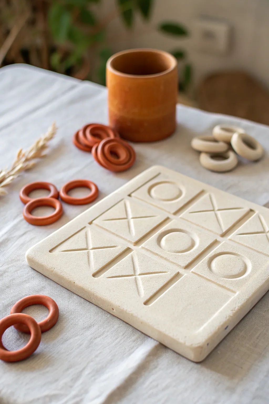 Minimal clay tic tac toe set: coil-grid slab board with earthy terracotta and cream pieces