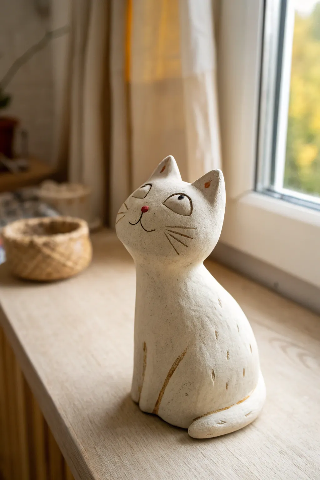 Tiny clay cat with a big expression, minimalist and cozy, perfect for sweet sculpture ideas.