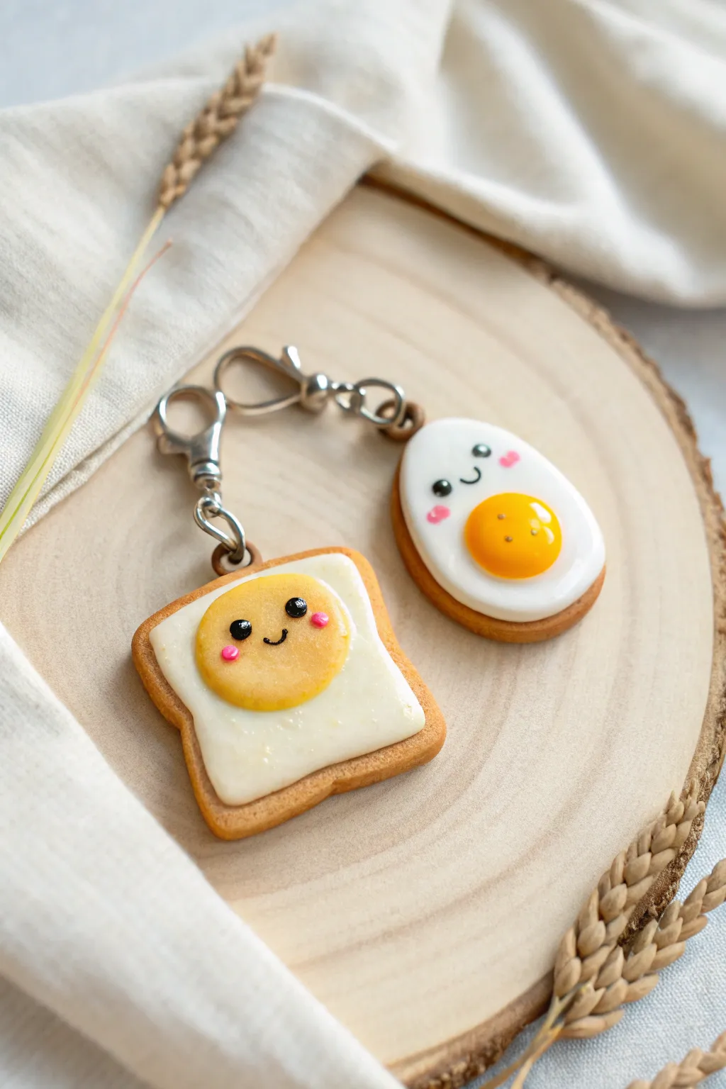 Sweet tiny polymer clay toast and egg charms with smiley faces in bright minimalist style
