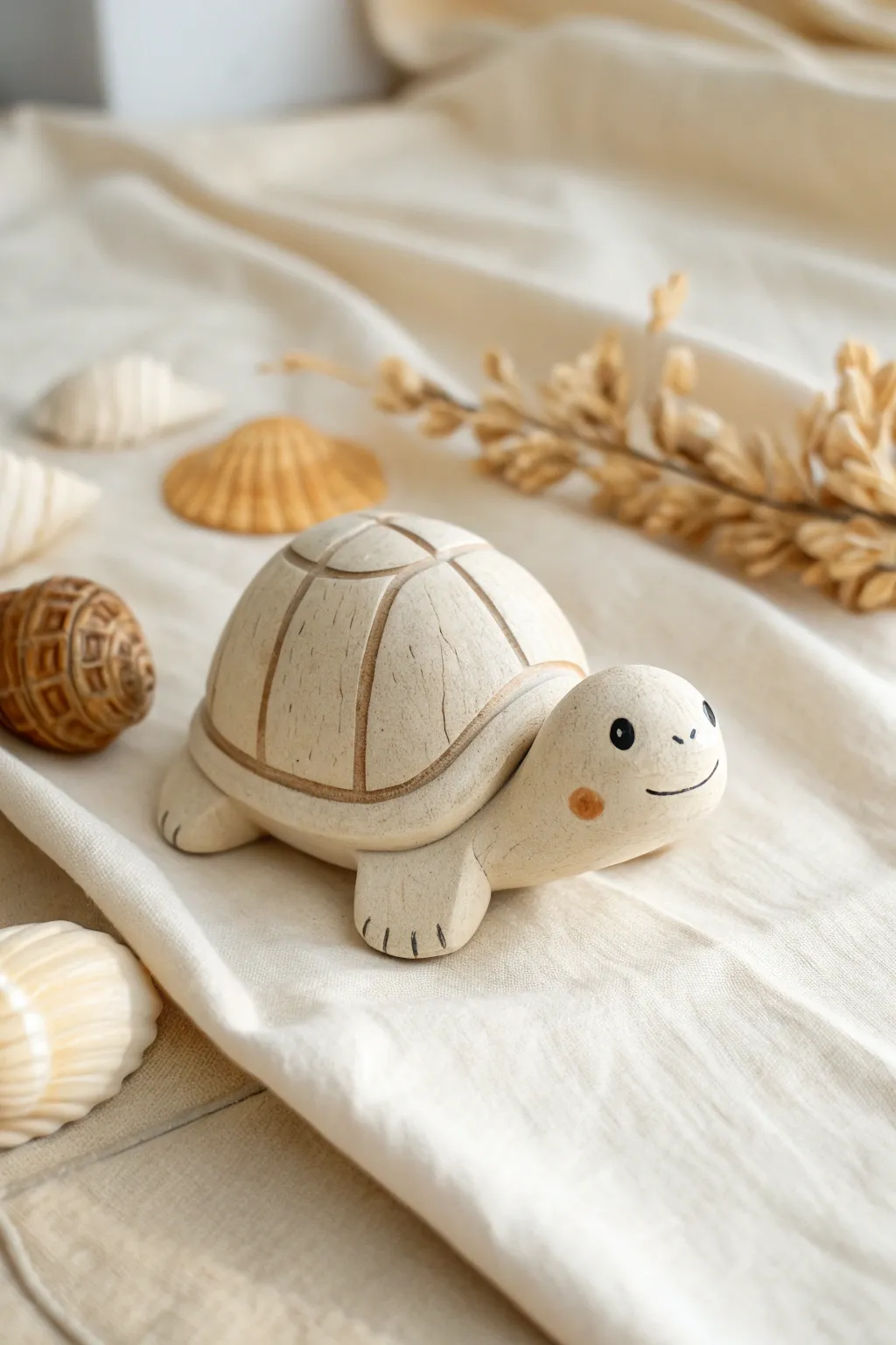 Classic cute clay turtle with a smooth round shell and sweet face in soft minimalist styling