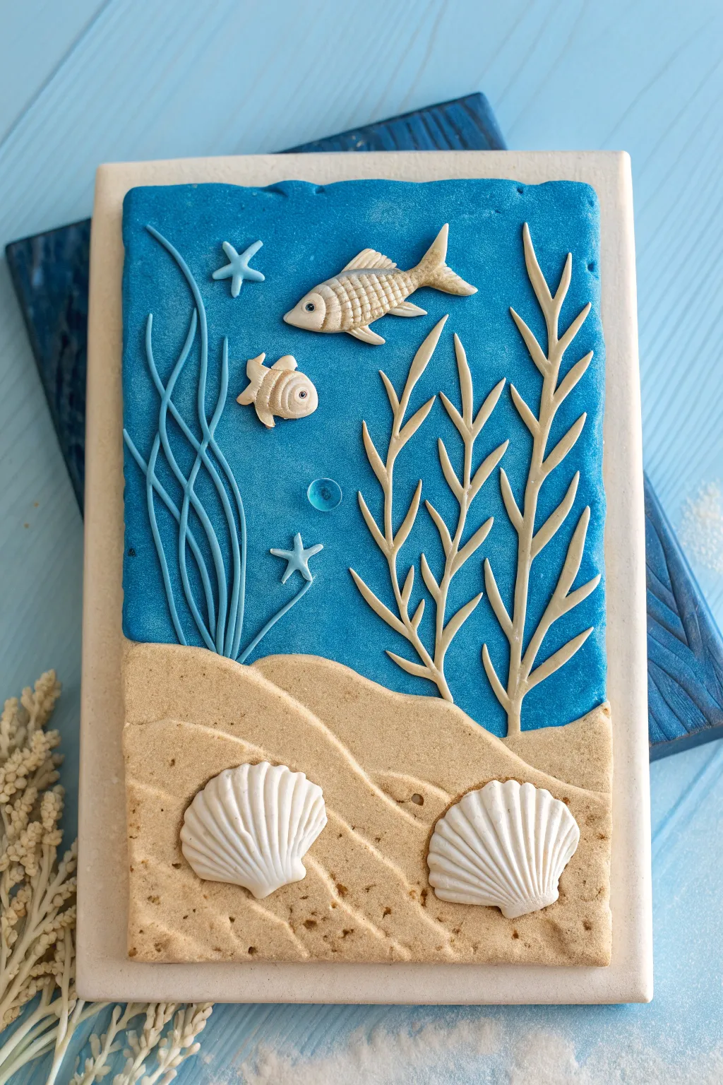 Minimal ocean relief in clay with vivid blue depth, sandy seabed, and raised sea life details.