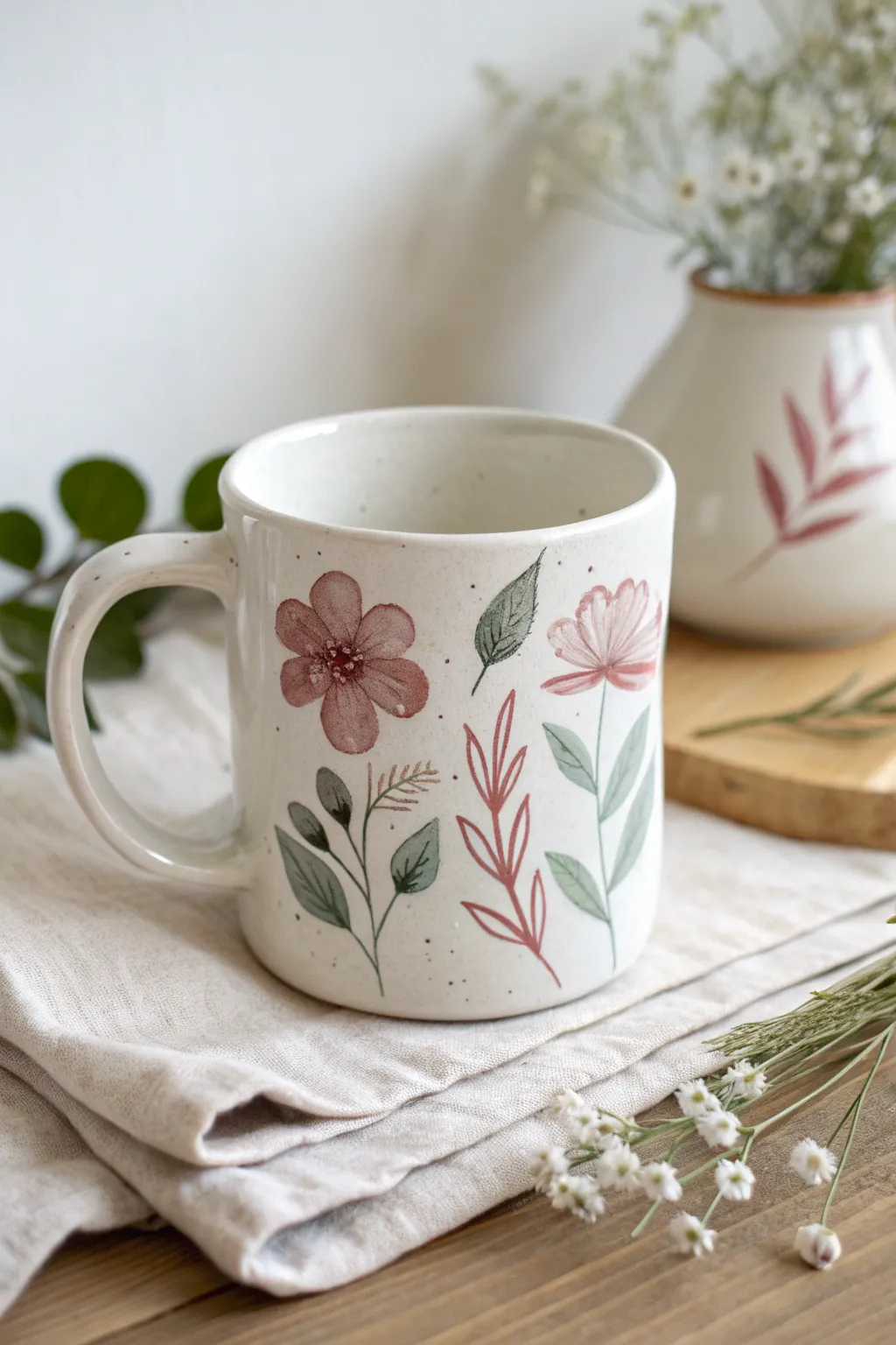 Classic underglaze florals on a glossy white mug for simple, cozy Scandinavian charm