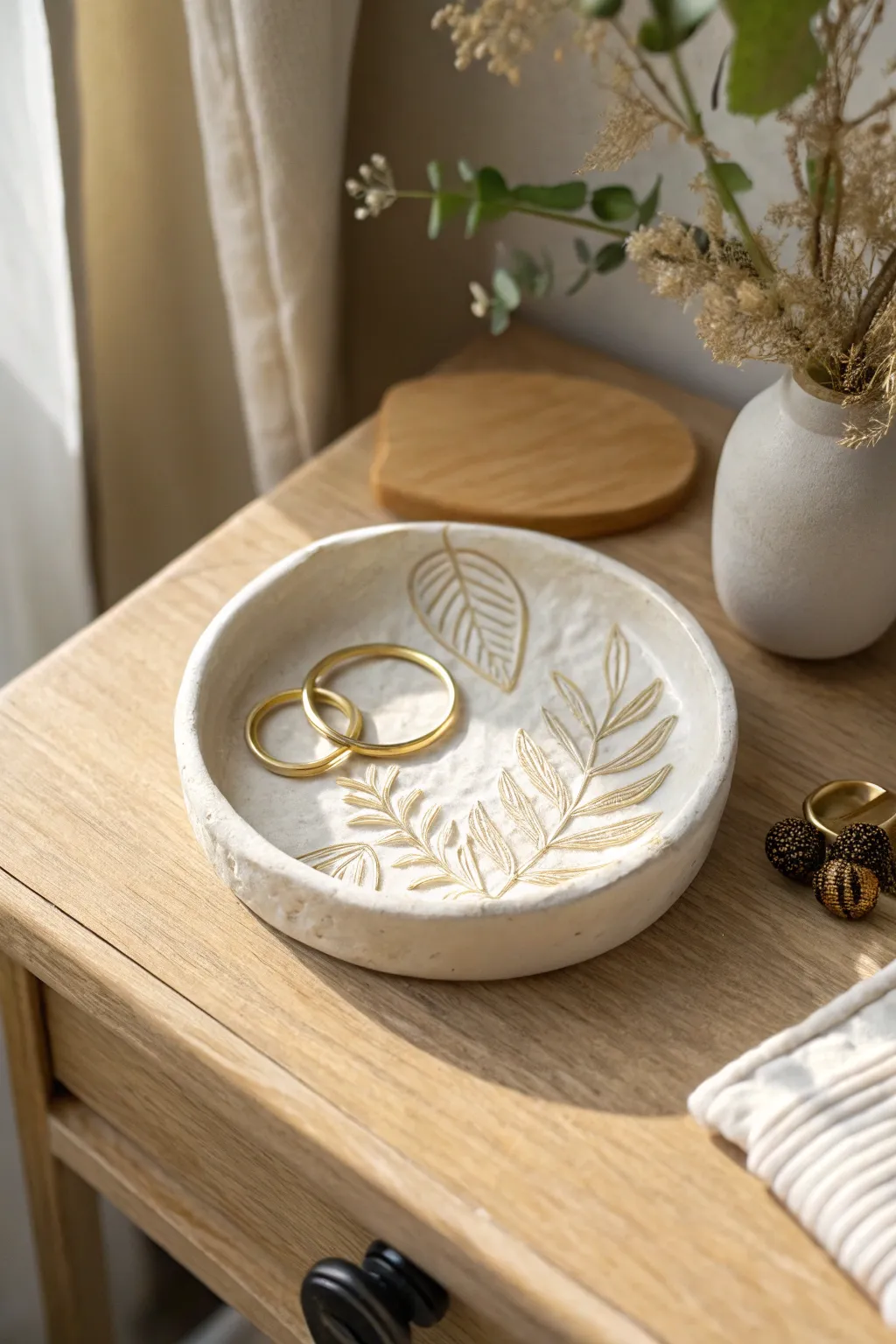 Stamped air dry clay trinket dish with matte finish, styled simply for a cozy bedside moment