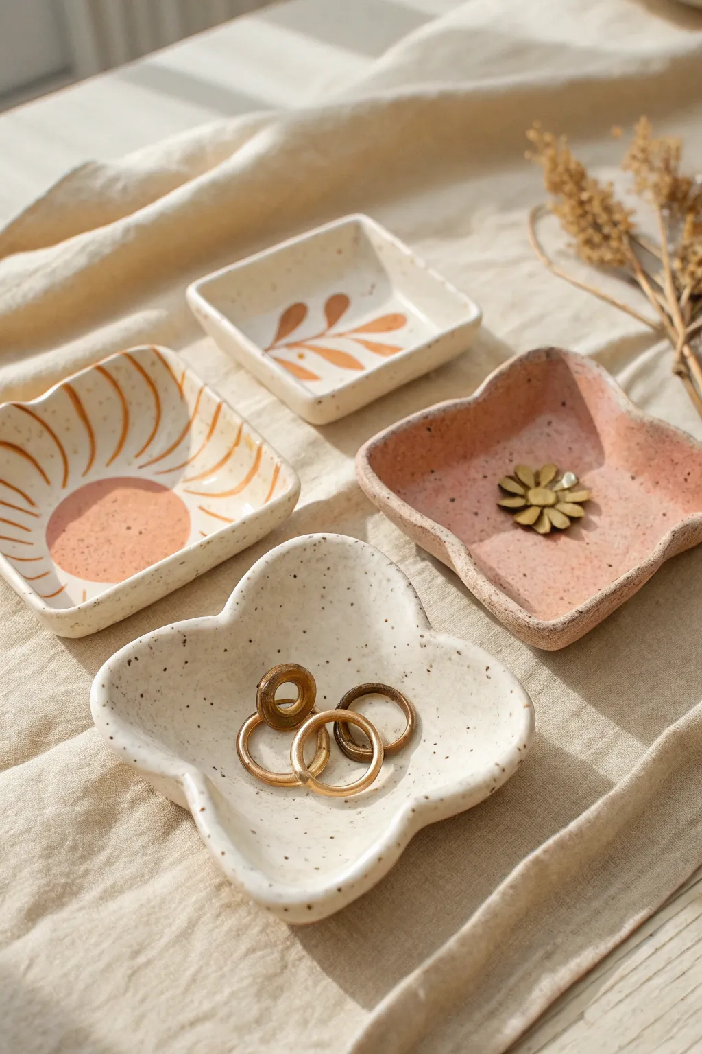 Tiny bold-shaped trinket dishes with soft color blocks, styled simply with a few rings