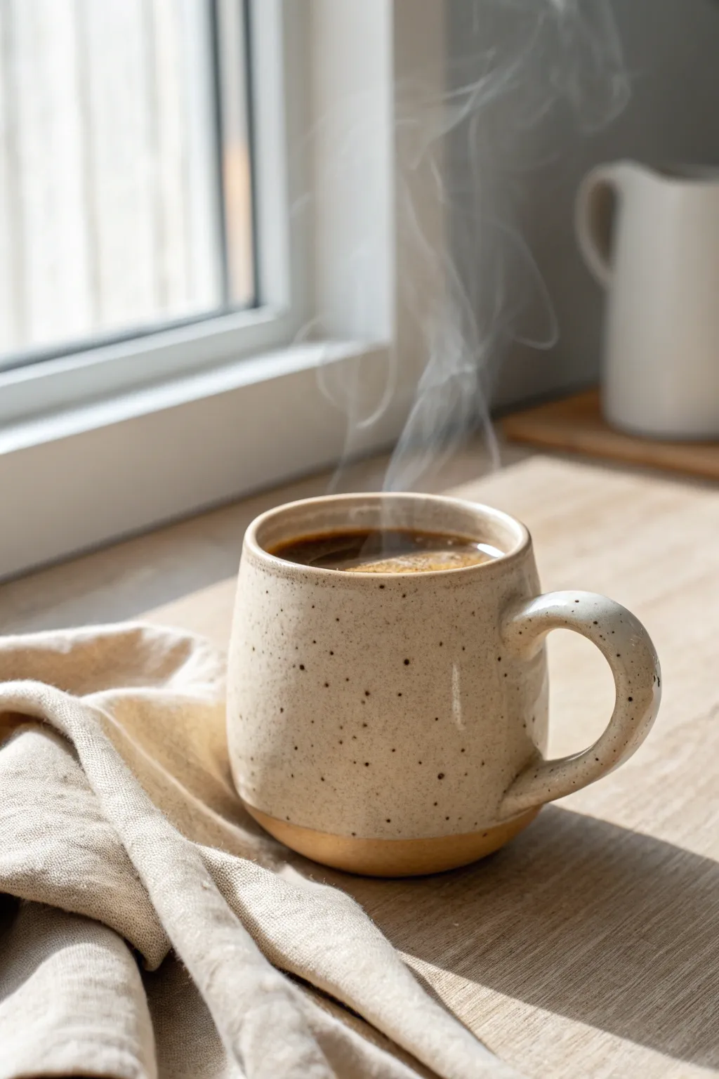 Classic handmade clay mug with a bold oversized handle, minimal glaze, and a cozy coffee vibe
