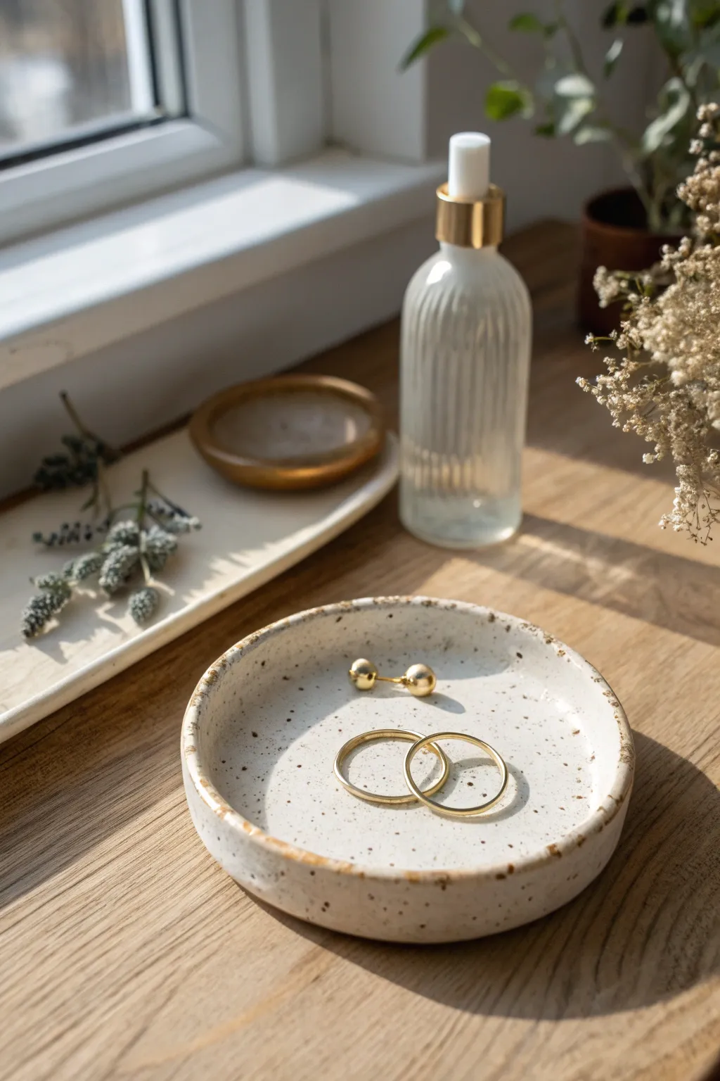 Simple speckled air dry clay trinket dish to keep rings and earrings tidy every day