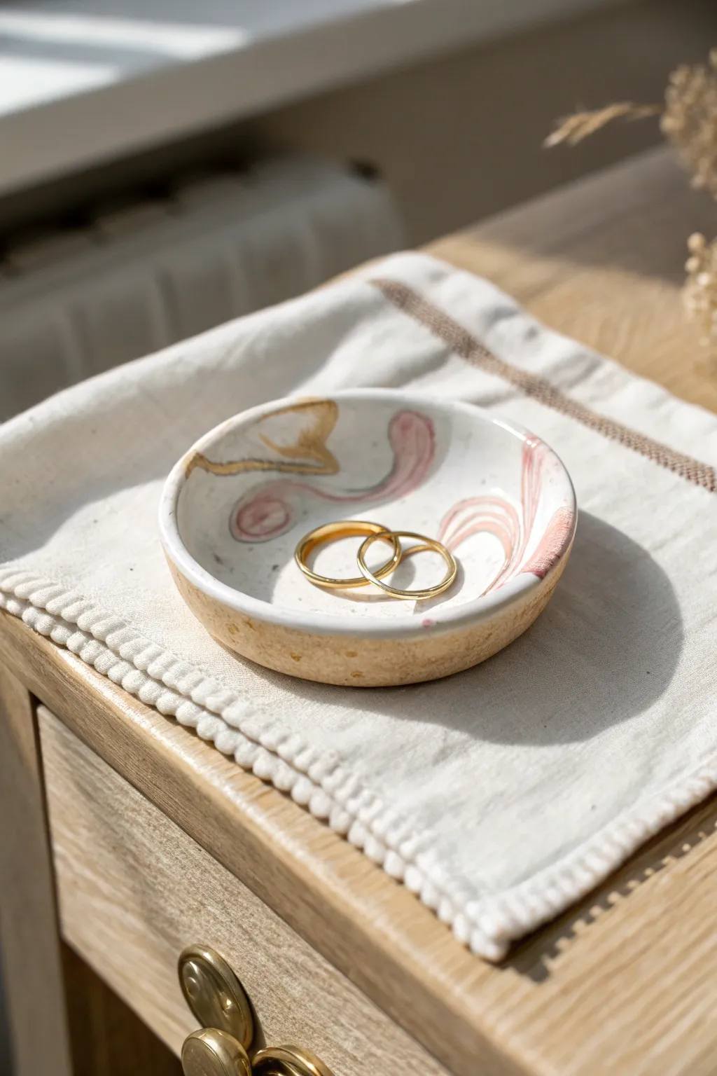 Soft marbled polymer clay ring dish with a minimalist shape, perfect for bedside jewelry storage.