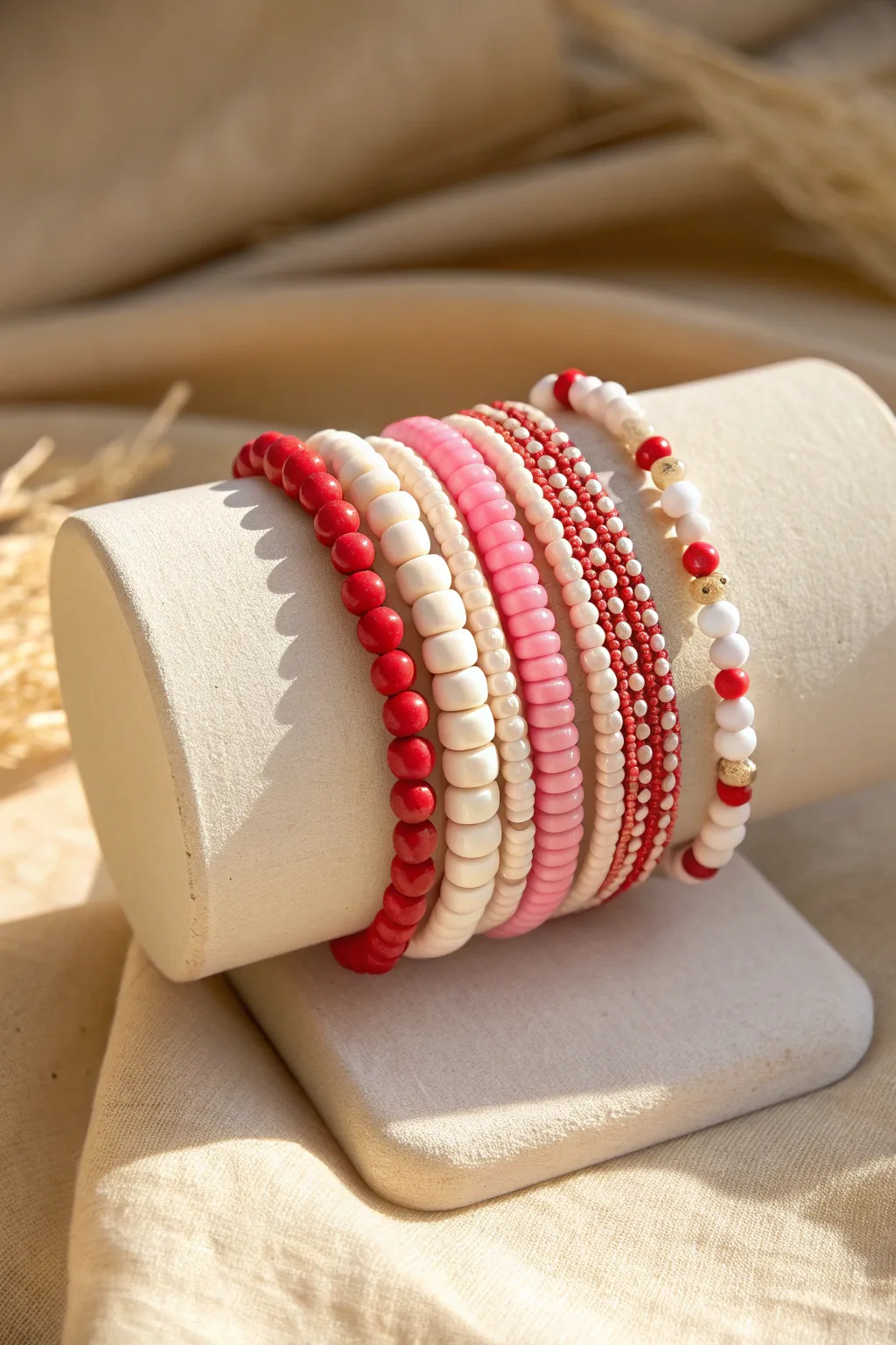 Classic Valentine heishi stack in red, pink, and white for a sweet minimalist look.