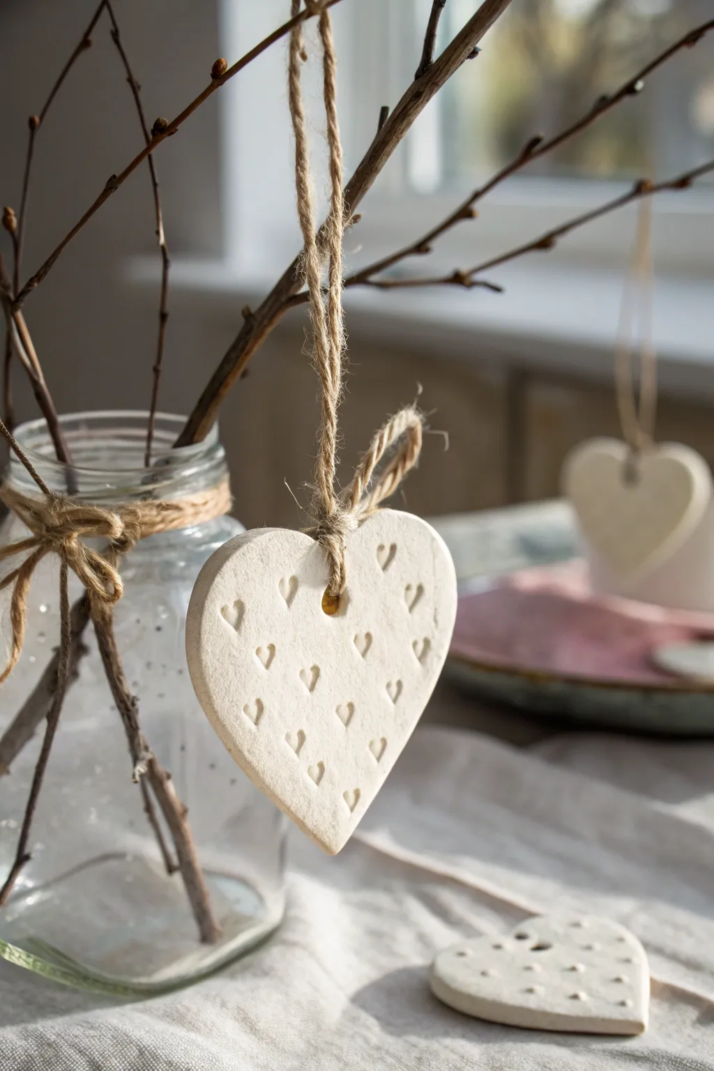 Minimal blush air dry clay heart ornaments on a branch, sweet DIY Valentines decor.
