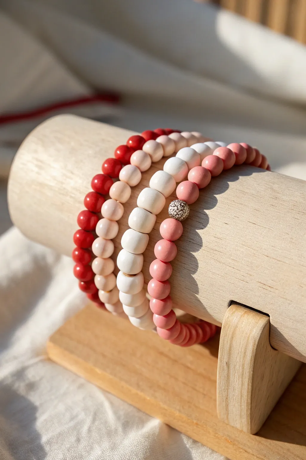 Classic stripe stack in red, pink, and white clay beads for a sweet minimalist Valentine look.