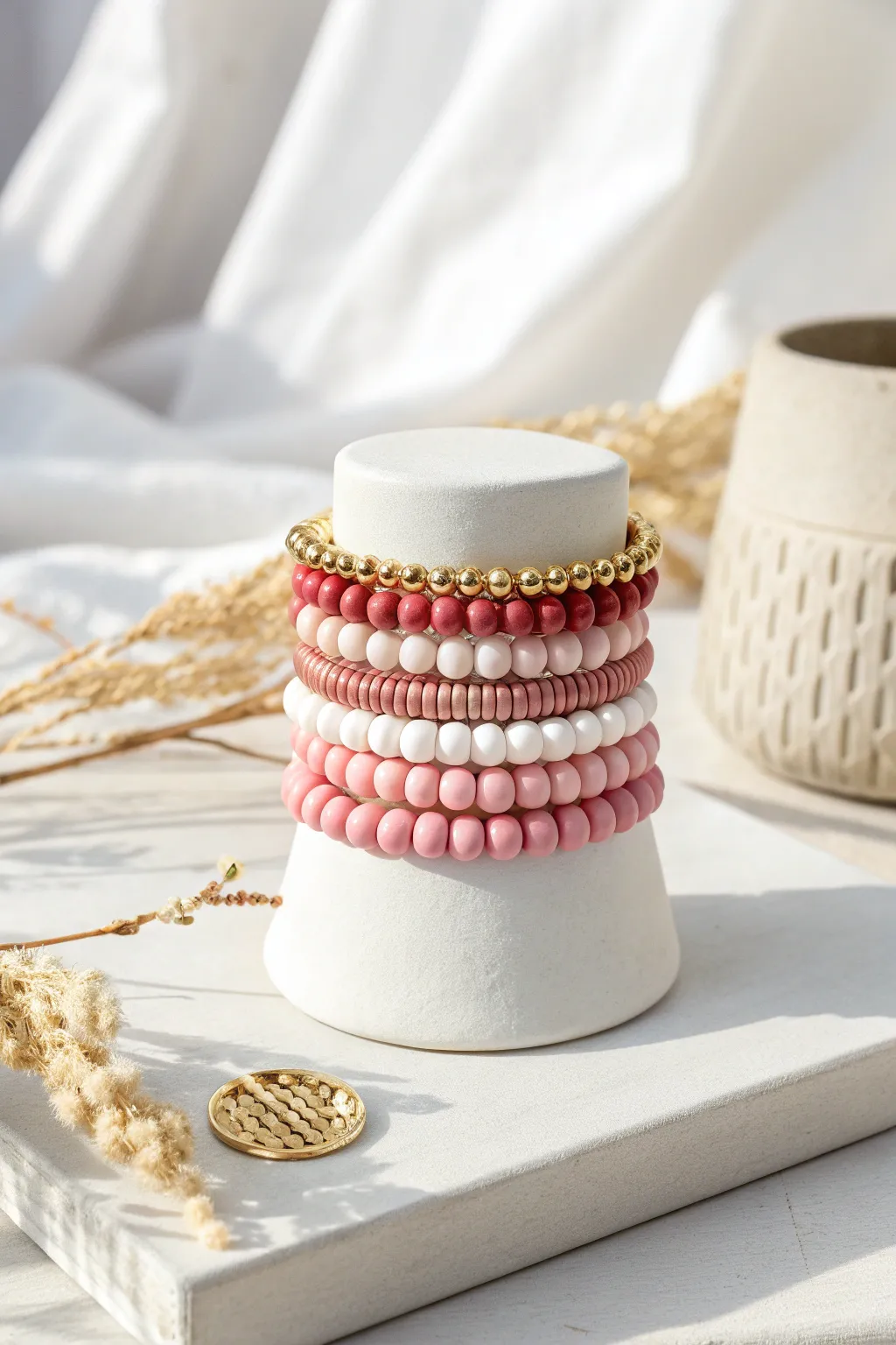 Classic Valentine heishi stack in red, pink, and white, simple, sweet, and easy to DIY.