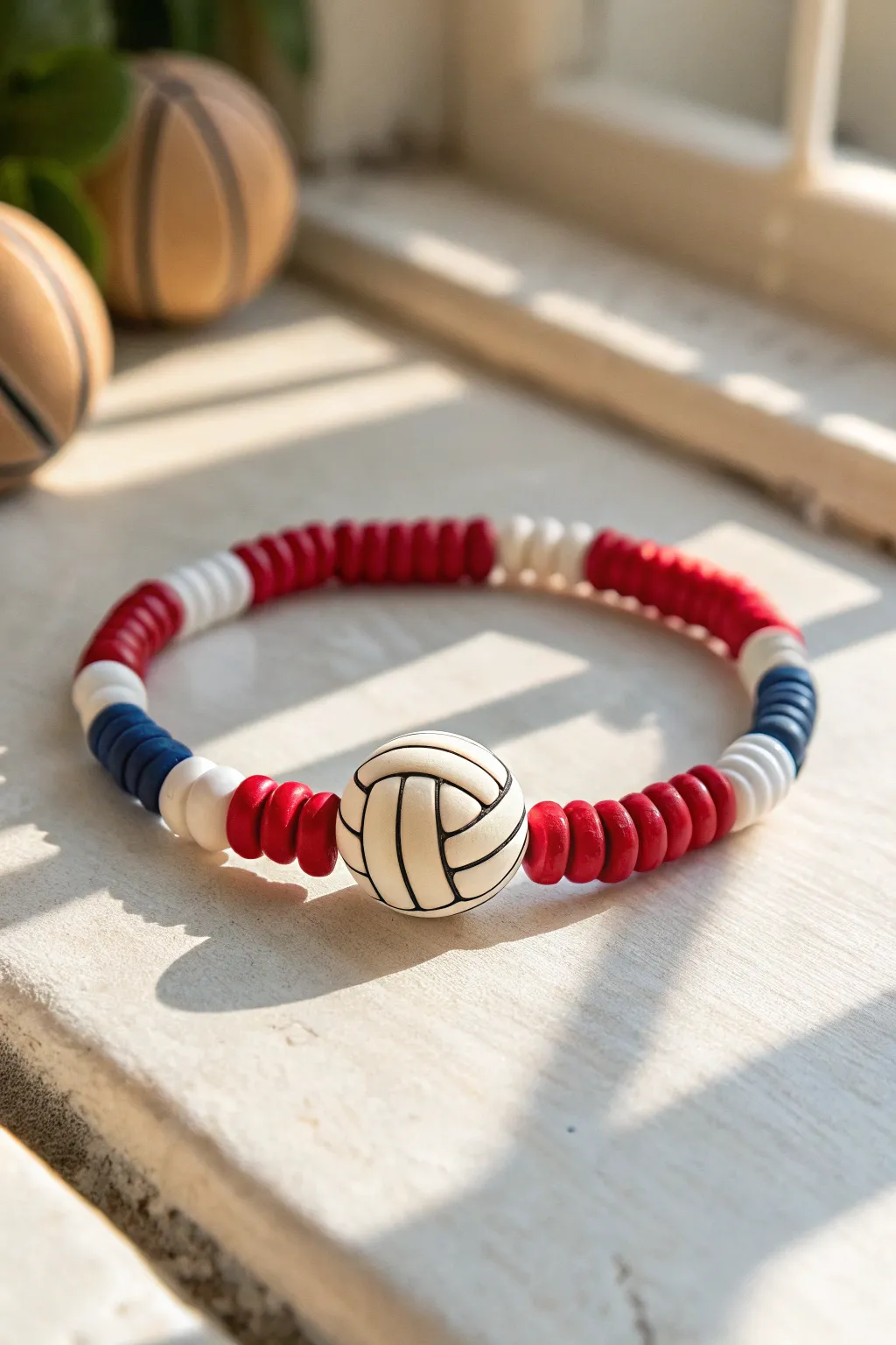 Classic team-color clay heishi bracelet with a single volleyball bead centerpiece, clean and bold.