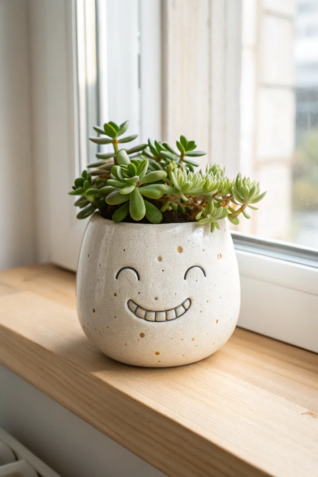 A grinning toothy clay head planter with succulent hair, minimal styling and cozy uncanny charm
