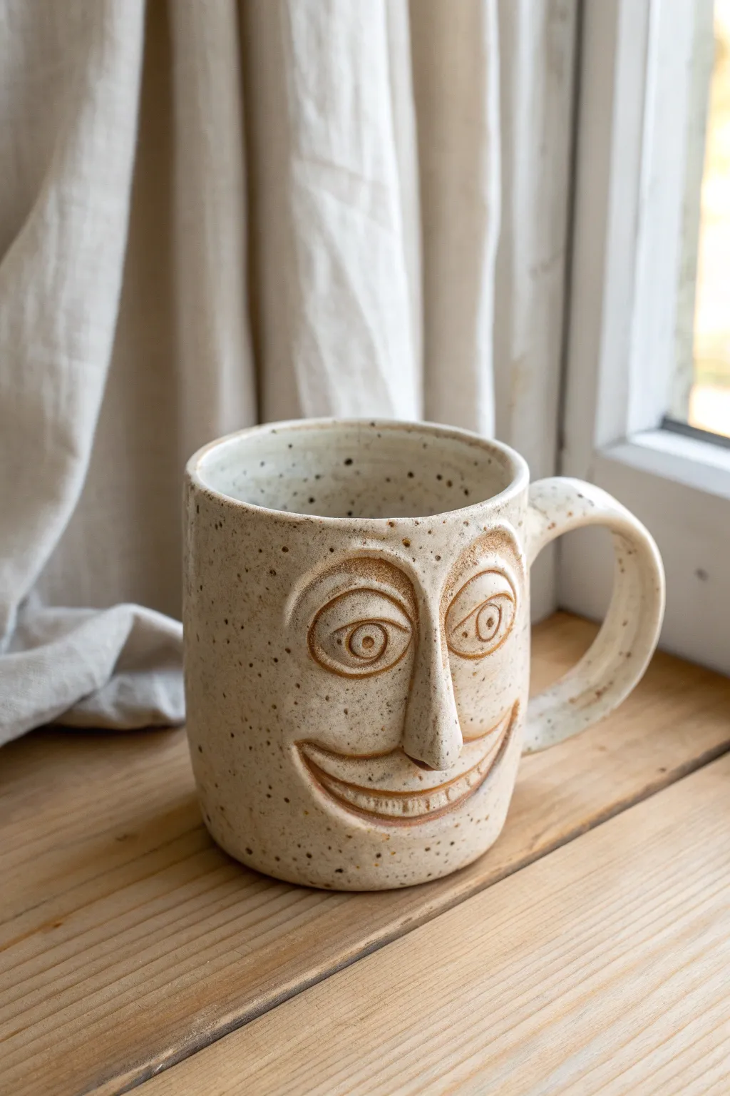 Quirky bug-eyed face mug in speckled stoneware, minimalist styling with cozy studio contrast.