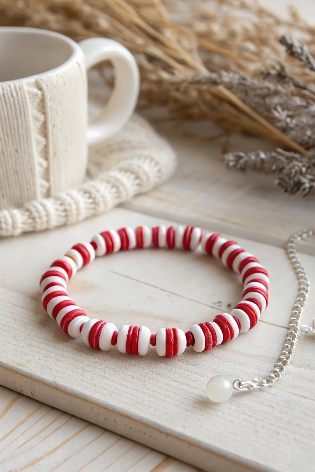 Candy cane red and white heishi bracelet styled with cozy knit for simple winter charm.