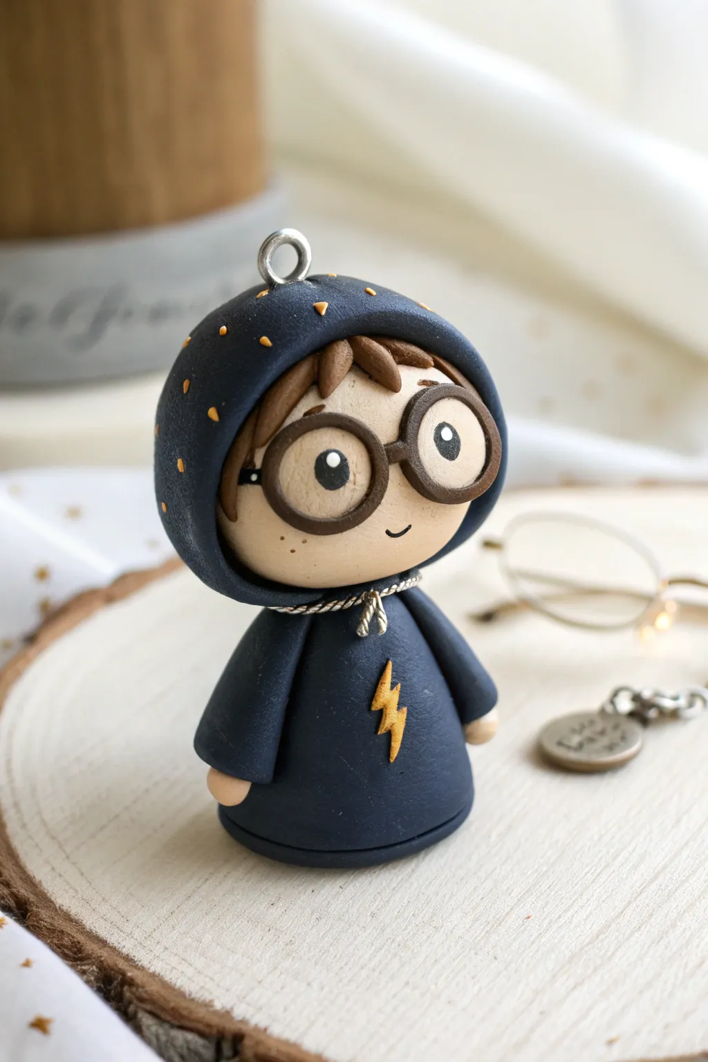 Cute chibi boy wizard clay charm with round glasses and lightning mark, ready to hang.
