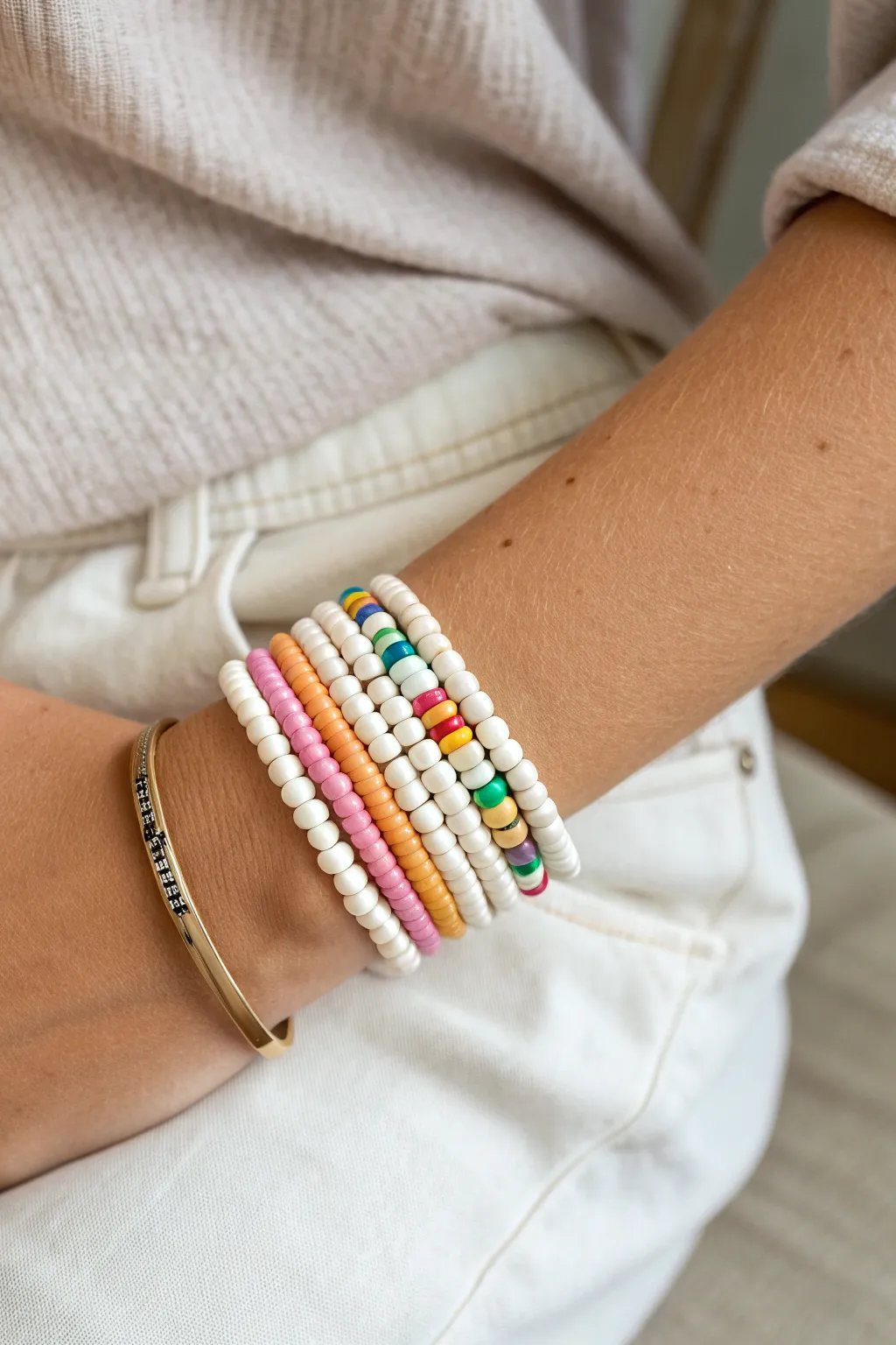 Classic rainbow heishi stack: bright clay bead bracelets for an effortless everyday look.