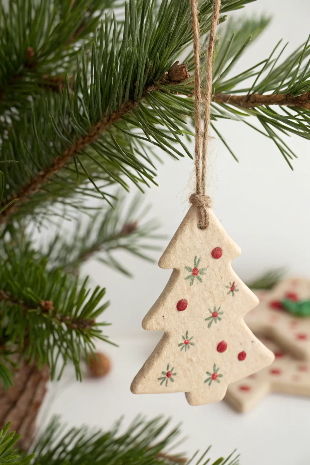 Minimal air-dry clay tree ornament with twine on pine, soft red and green accents.