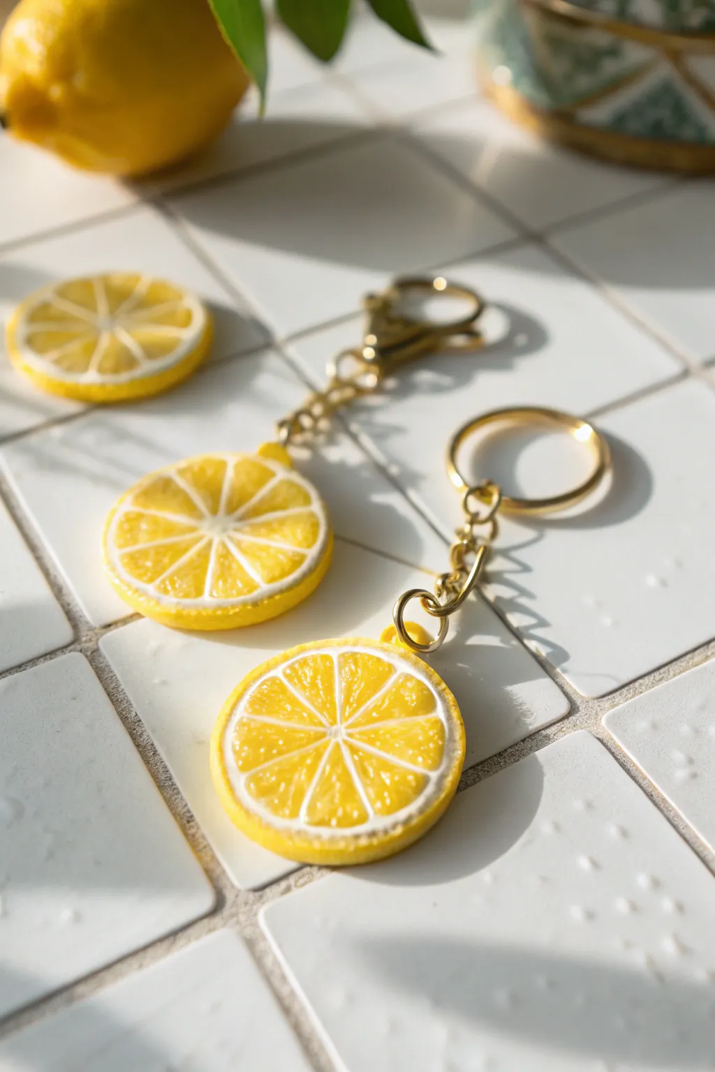 Glossy lemon slice polymer clay charms in sunny yellow, perfect for cute minimalist keychains