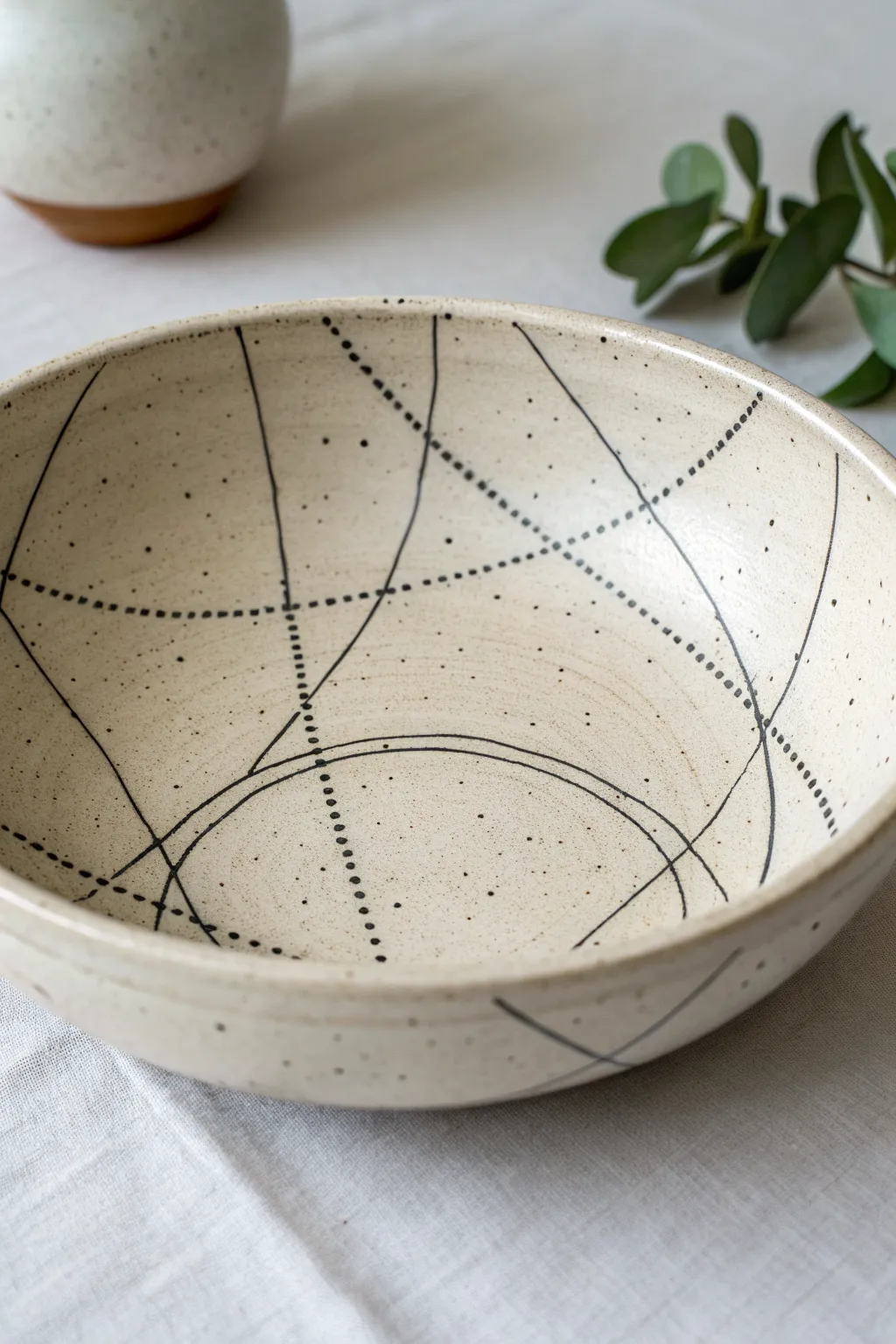 Minimal Mishima bowl with map-like inlay lines, a calm Scandinavian boho statement piece.