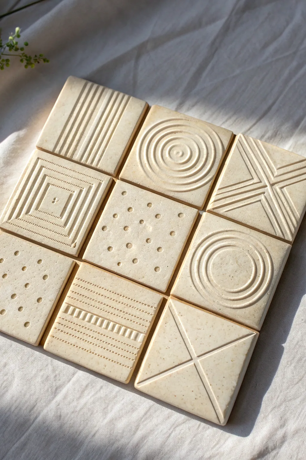 Minimal geometric relief tile with tactile shadows, a simple abstract clay idea for calm spaces