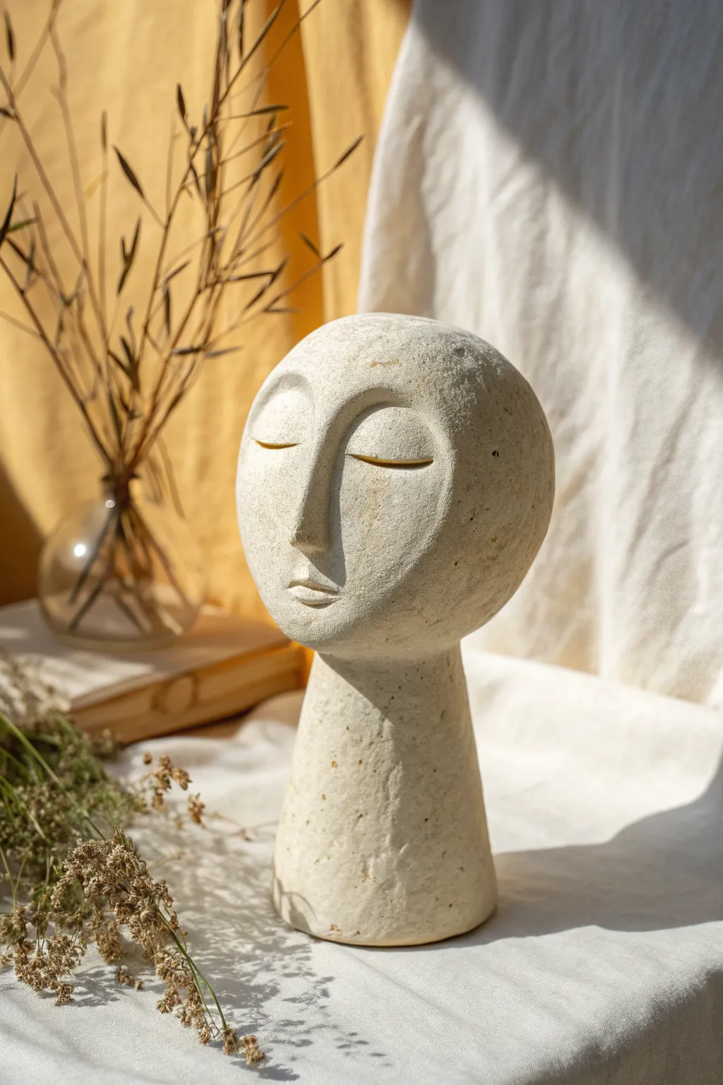 Quietly expressive abstract clay face form with soft shadows and Scandinavian minimal calm