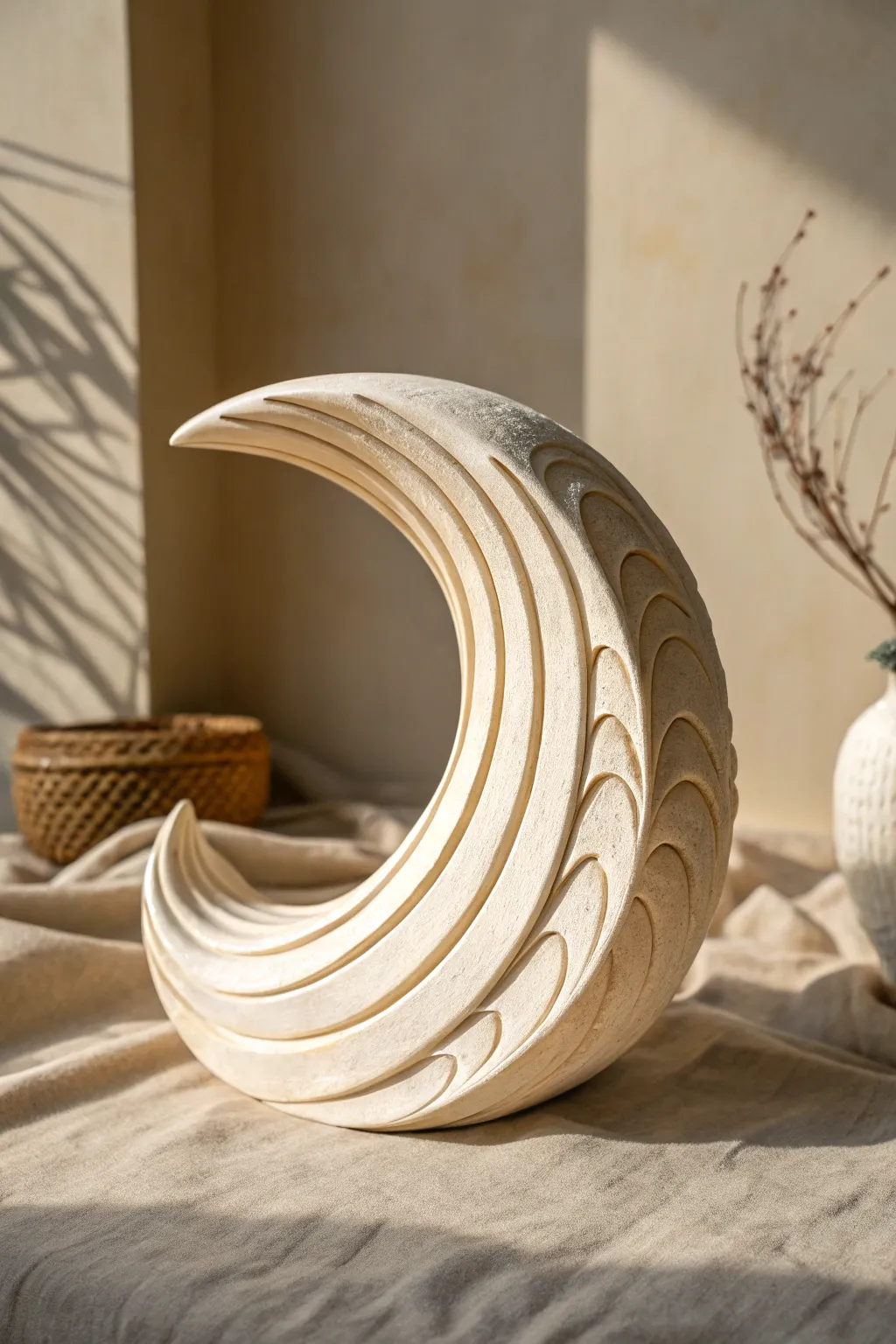 Minimal ceramic wave sculpture with carved motion lines, satin ivory glaze, soft Nordic-boho mood.