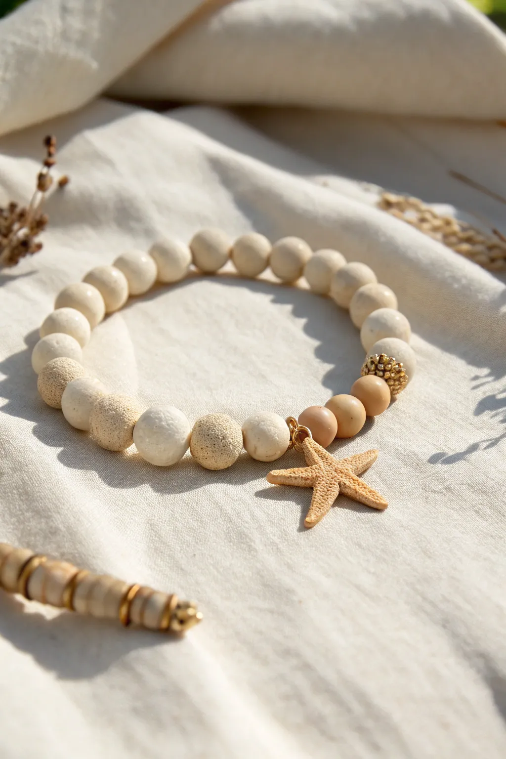 Sunlit neutral clay bead bracelet with a starfish charm and gold spacers for beachy minimalism