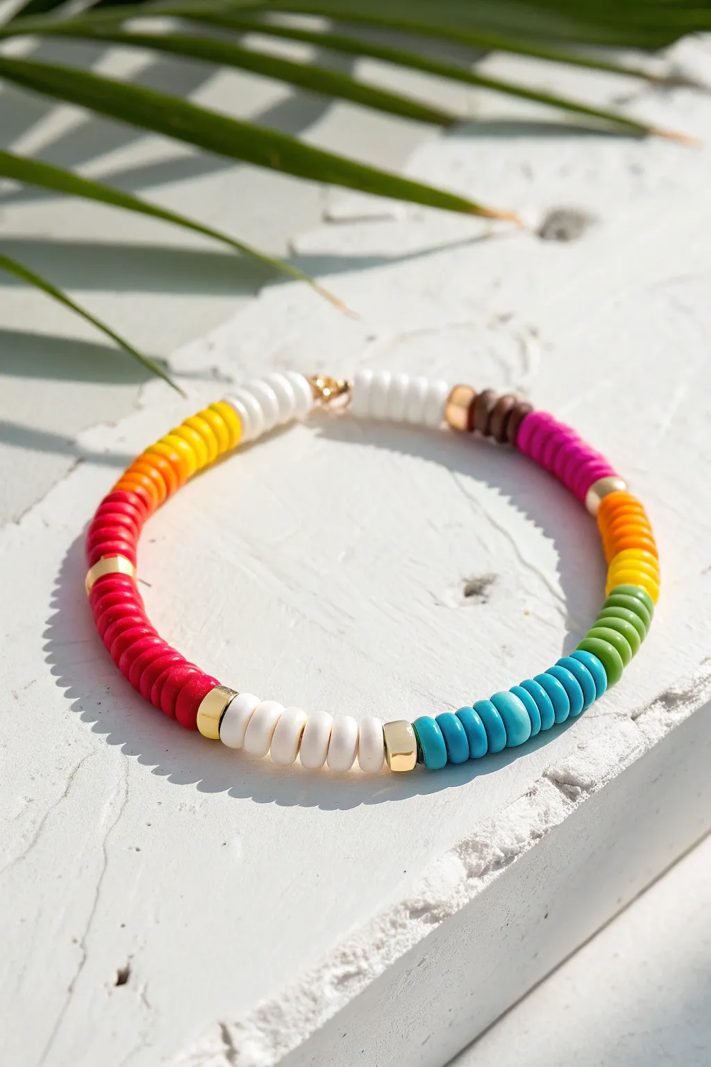 Rainbow heishi bracelet with crisp white breaks, minimalist and sunny for modern boho vibes.