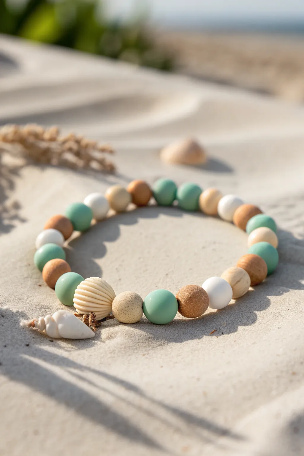 Seafoam clay bead bracelet with a single shell charm, minimal beachy elegance for summer days.