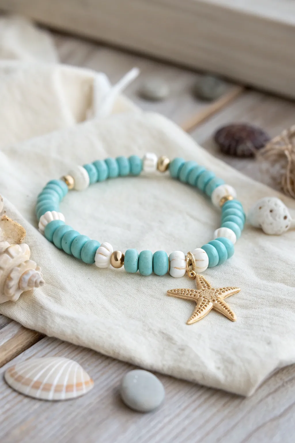 Aqua and sky blue clay bead bracelet with starfish charm, minimalist boho summer vibe