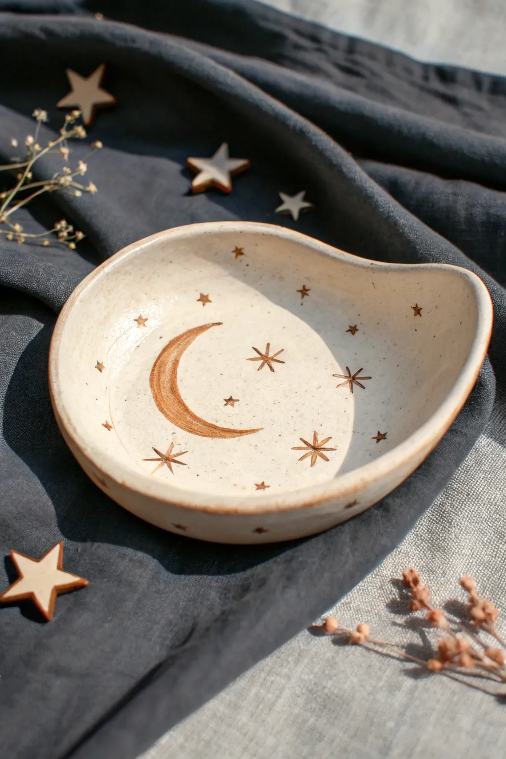 Crescent moon trinket dish in terracotta and cream, set on dark linen for cozy contrast