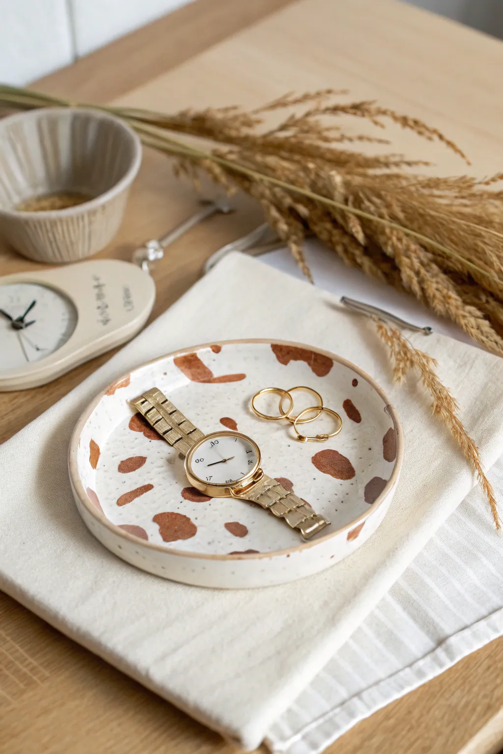 Minimal cow print trinket plate in warm brown, perfect for watches and cute hair clips.