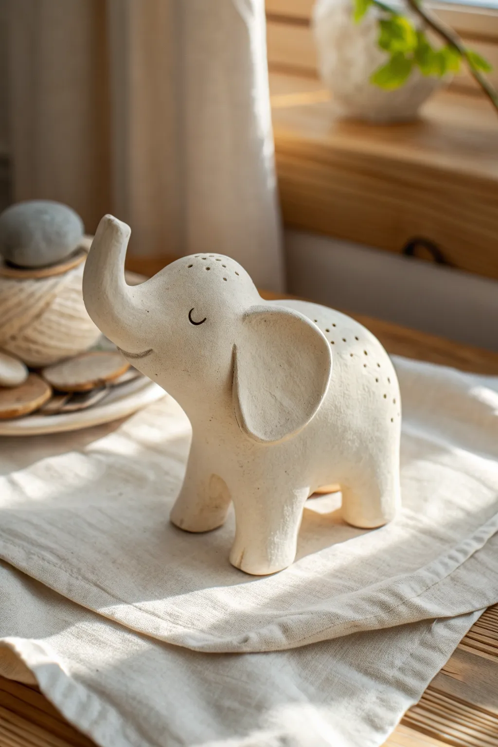 Simple air-dry clay elephant with an upturned trunk, soft matte finish, and cozy minimal styling