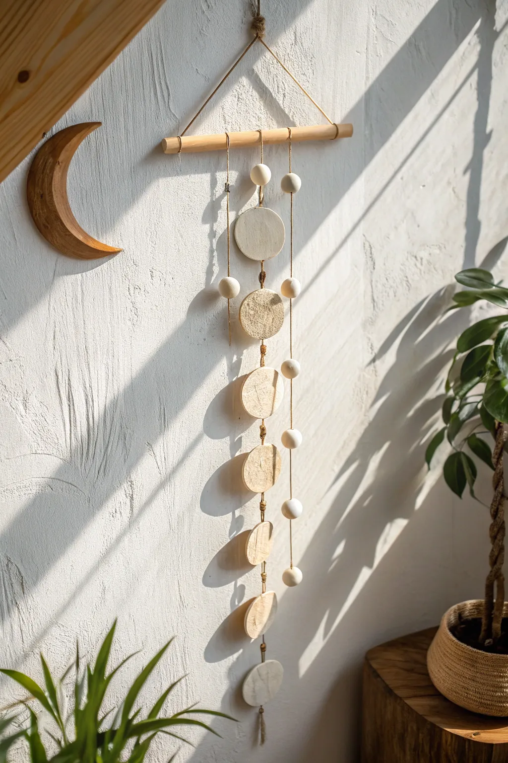 Minimal moon phase wall hanging in air-dry clay, a calming boho touch for any wall.