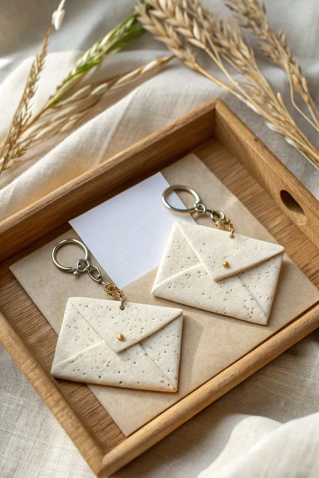 Romantic air-dry clay envelope charms with hidden blank notes, minimal and handmade.
