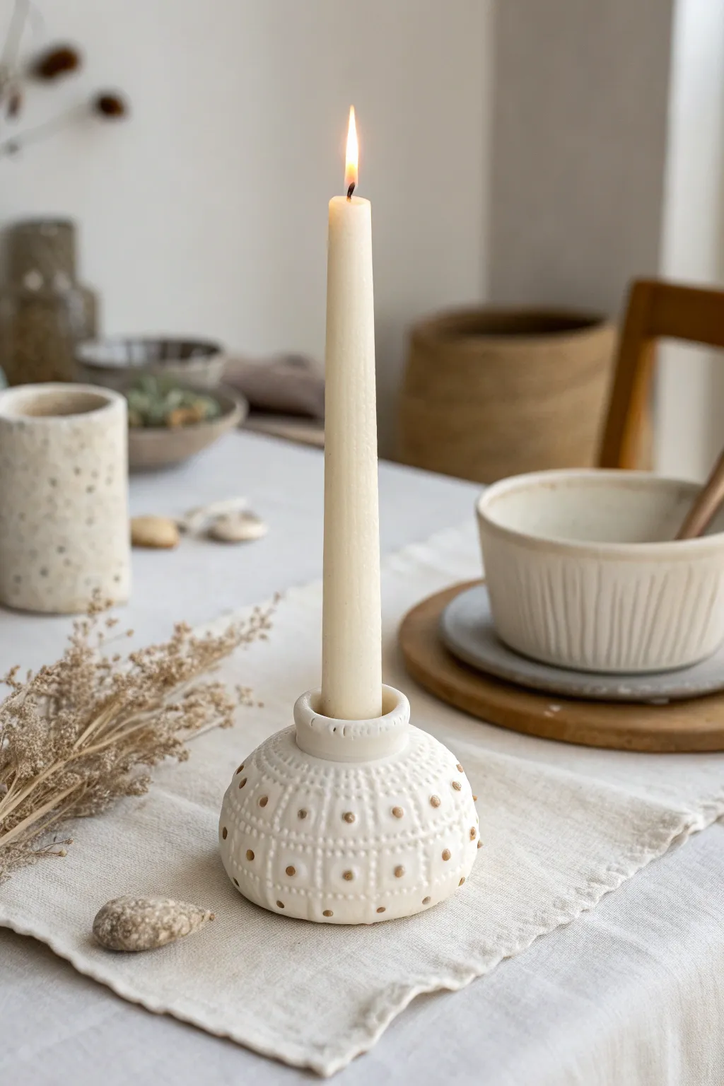 Textured air-dry clay candle holder in soft neutrals, minimalist Scandinavian style with boho warmth.
