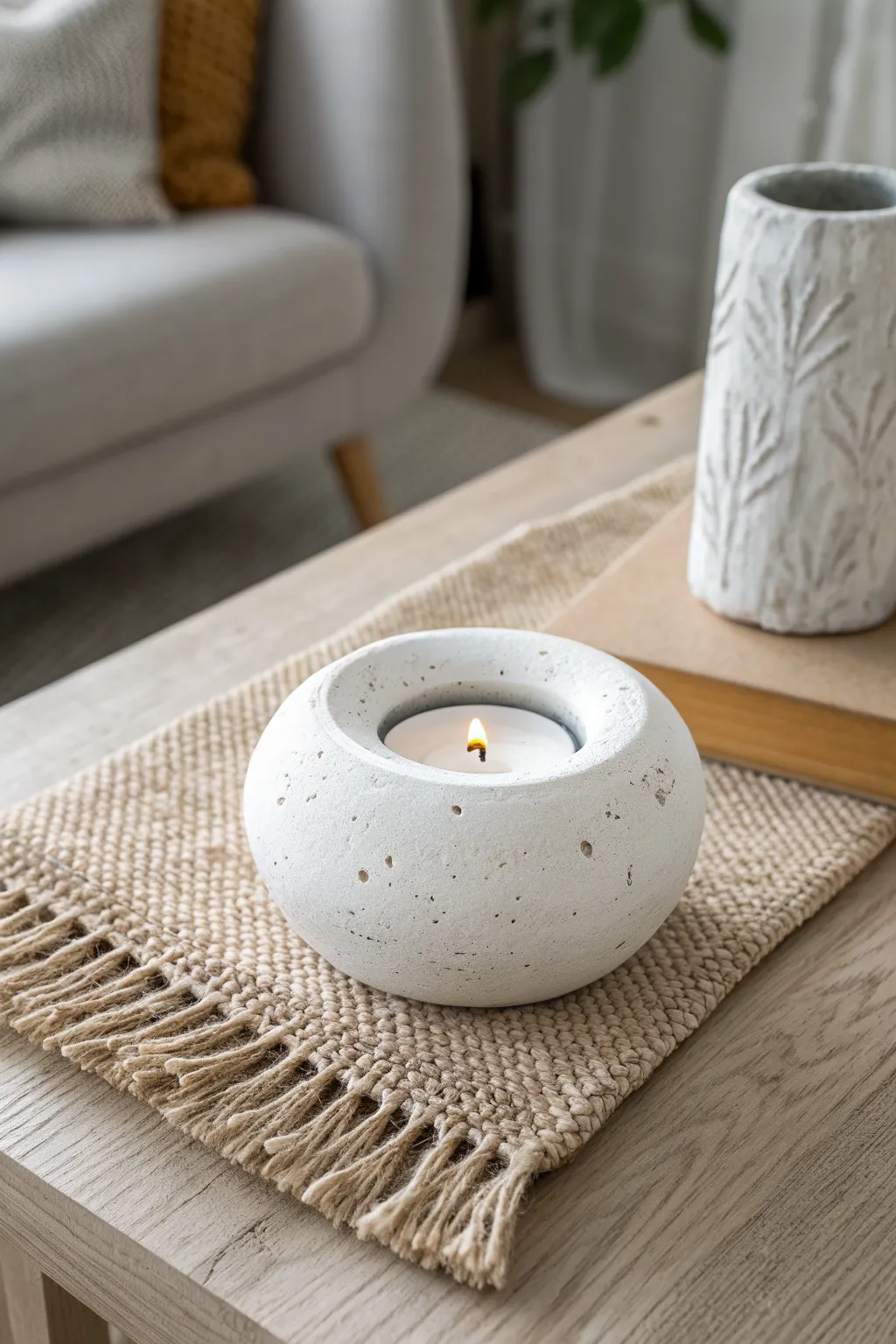 Minimal air-clay tea light holder with soft texture, styled in a cozy neutral living space.