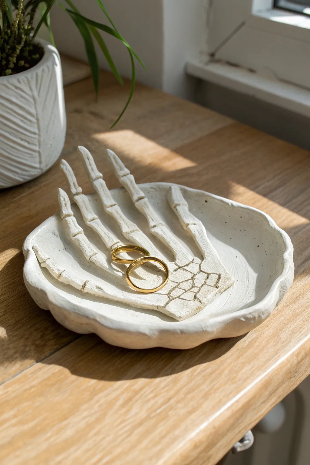 Bone-white skeleton hand trinket dish in air-dry clay, a minimalist Halloween catchall