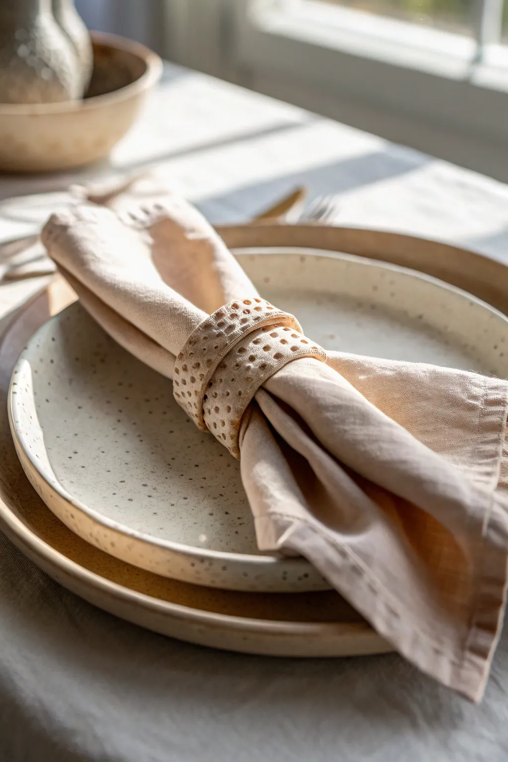 Minimal air dry clay napkin ring on linen napkin, warm Nordic table styling with boho texture.