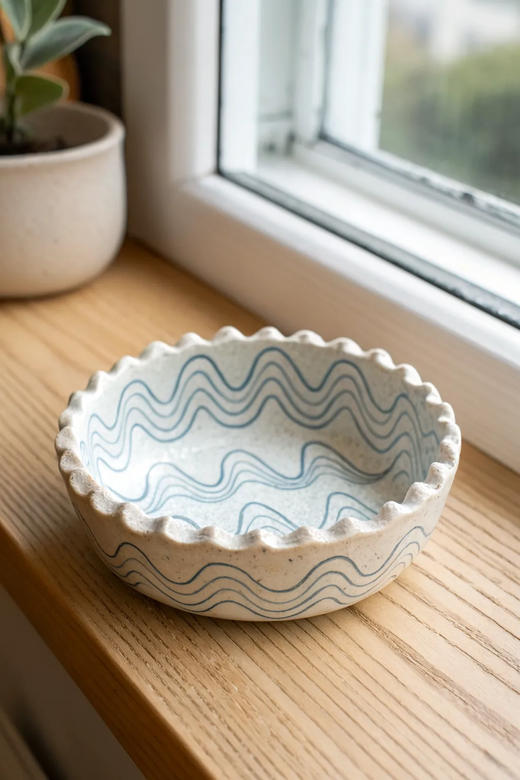 Wavy edge air dry clay jewelry dish with a simple painted wave and glossy finish
