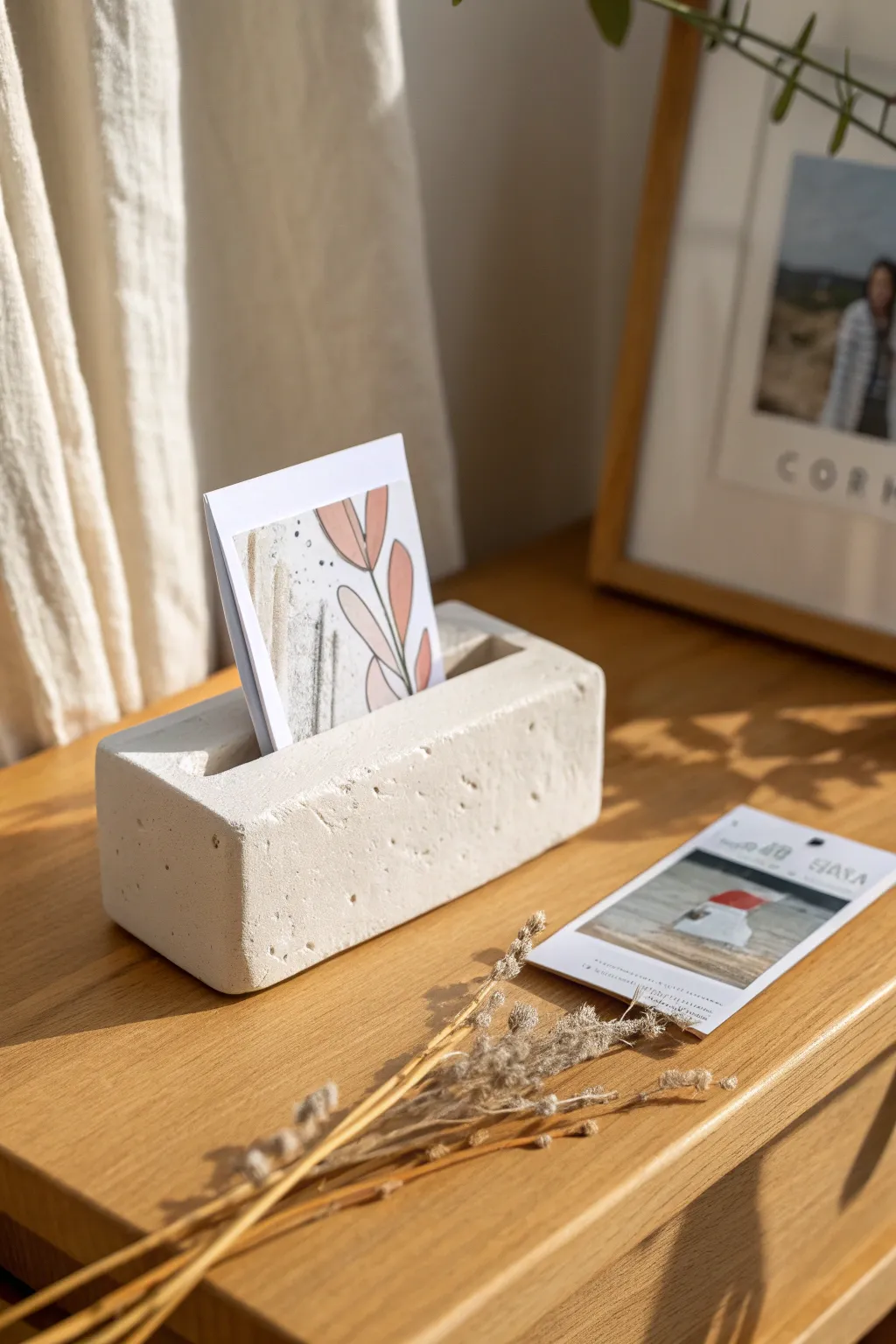 Minimal air-dry clay card holder with a photo card, styled on a light wood desk.